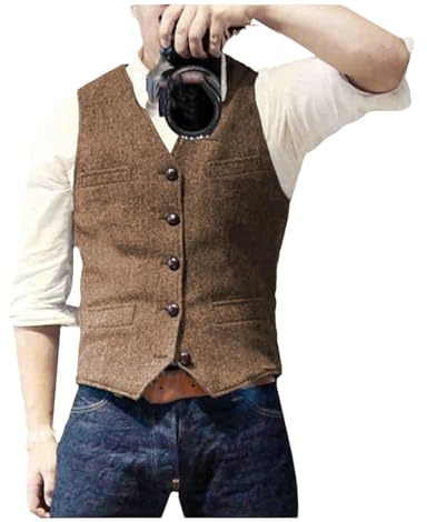 Kiioouu - Chaleco clásico informal para hombre, con cuello en V, patrón en espiga, ajustado, para negocios, para boda, marrón, S