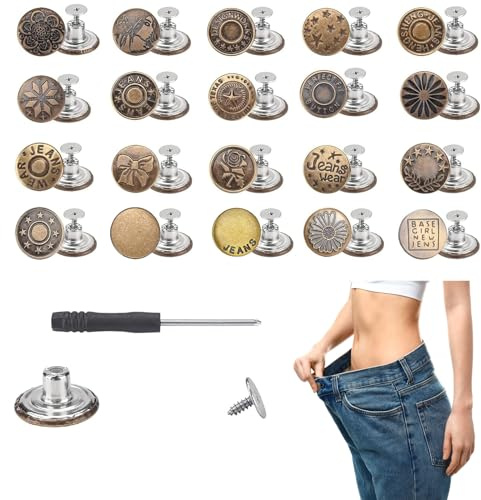 20 Piece Jean Buttons Pins, 17mm No-Sew Removable Metal Buttons for Jeans, Jean Button Replacement Repair Combo Rivets and Screwdrivers in Storage Box, Women and Men's Jeans Clothing Supplies