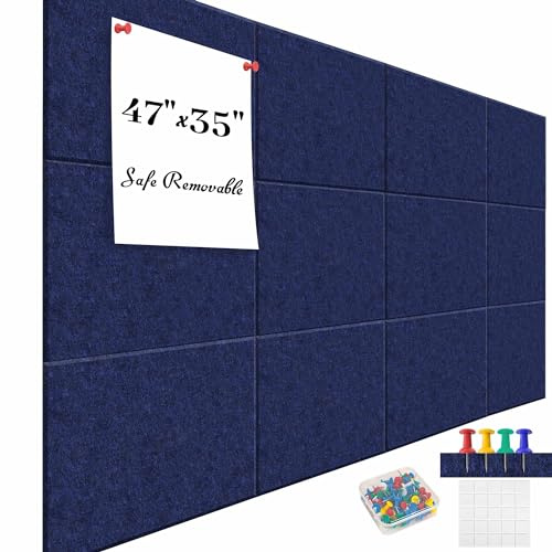Femst Cork Board Alternativ, stora kontorsfilt väggplattor – 12-pack, 0,35 tum tjock, mörkblå, fyrkantig, självhäftande, anpassningsbar, filt anslagstavla för väggar eller kontor