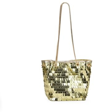 BOSANOVA Bolso de Fiesta Estilo Saco para Mujer con Lentejuelas alargadas Metalizadas y asa metálica para Llevar al Hombro o en la Mano. Cierre con imán. Oro U