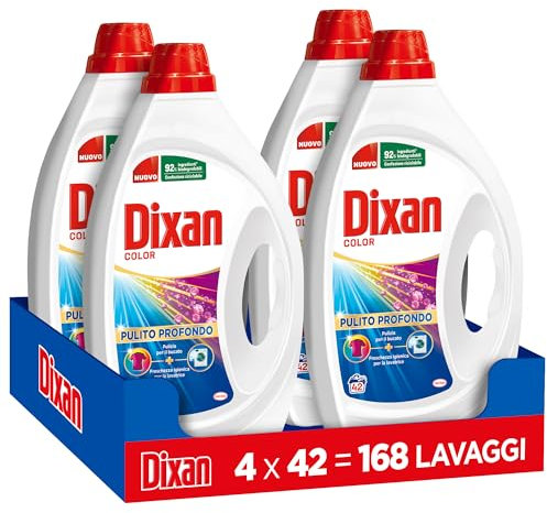 Dixan Liquido Color Detersivo Lavatrice (4 confezioni da 42 Lavaggi), Detersivo liquido lavatrice per colori vivaci, pulizia profonda del bucato e freschezza igienica per la lavatrice