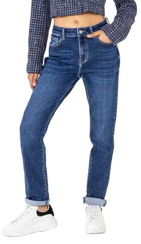 Nina Carter YY305 Jean taille haute mom pour femme Coupe droite Denim stretch Aspect usé, M mince