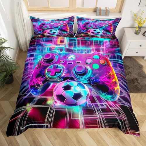 Homewish Game Consoles Boys Duvet Cover Set King,3D Neon Cubes Gamer Bedding Sets Gaming Comforter Cover Soccer Sport Ball Football Bed Set,Gamer Decor for Boys Bedroom Decor