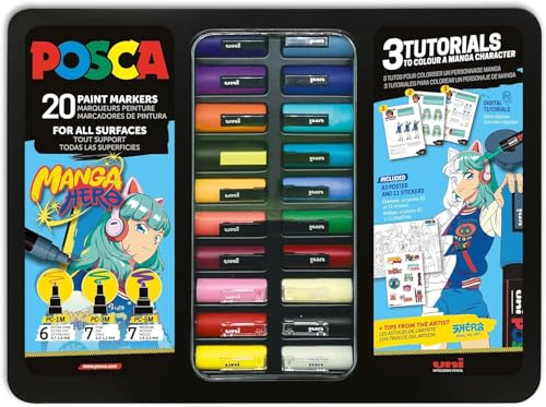POSCA Manga Hero Stifte Set 20 Acrylstifte, Multi-Support extra feine, feine und mittlere Spitze praktisches Etui und kreative Inhalte