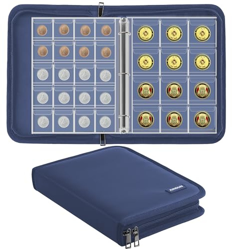 JUNDUN Fireproof Coin Collection Album with 260 Pockets for 20-38mm | Water-resistant, Coin Collection Book with Zip, Coin Case Collecting Storage Dispaly Holder for Collectors, Blue