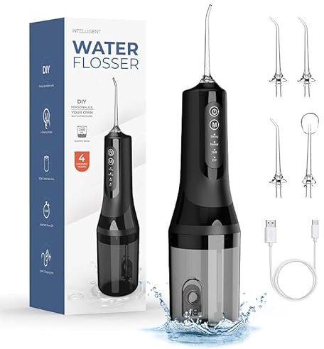 Irrigatore Orale Senza Fili, Idropulsore Dentale, Idropulsore Dentale da Viaggio, 4 Modalità e 5 Ugelli, 260Ml Elettrico Water Flosser, Ricarica USB, Impermeabile IPX6 per Viaggi a Casa (Nero)