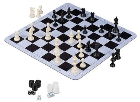 Relaxdays Schackspel Backgammon dam, att rulla upp, med bärväska, 50,5 x 50,5 cm, 3-i-1 resespel, svart/vit