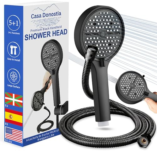 CASA DONOSTIA Alcachofa Ducha con Manguera 1,8 m Acero Inoxidable | Negra Mate | Cabezal Ducha de Alta Presion con 6 Modos Antical | Chorro Pistola para Limpieza de Mamparas, Baños y Paredes