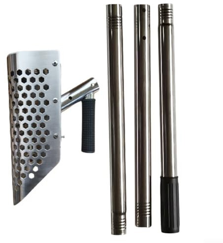 Sumsoctober Rastrillo de acero inoxidable, pala de arena de mango largo resistente, herramienta de metal de playa, agarre antideslizante, pala cuadrada, agujeros de drenaje de arena de alta densidad