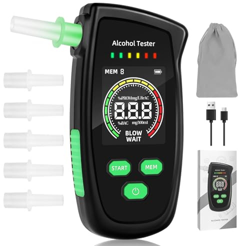 woeaozy Éthylotest - Ethylotest Electronique, Rechargeable Alcotest Numerique avec écran, Etiloteste Electronique avec 5 Embouts, Ethylometre mesures de Haute précision