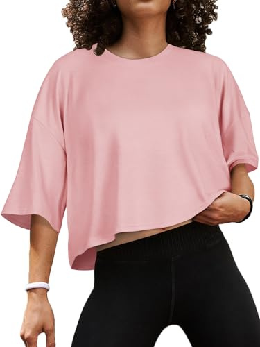 Crop Tops for Women Summer Oversized Cropped T Shirt Half Sleeve Loose Fit Casual Tees(Pink,L)