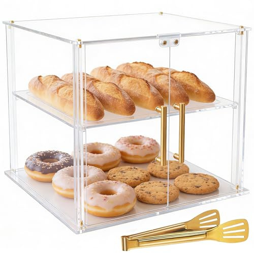 Acryvic 2-Tier Pastry Display Case, 15.8x11.8x11.8 Clear Acrylic Bakery Display Case with Magnetic Door & Trays, Countertop Food Storage for Donuts, Bagels, Cakes, Cookies