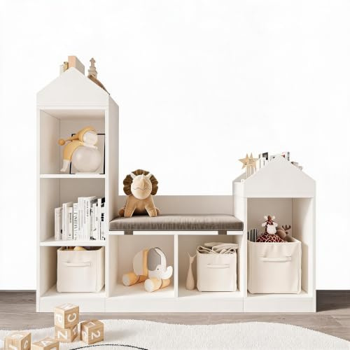 GarveeMore Bibliothèque Enfant avec Banc Lecture et Coussin rembourré - Rangement Livres & Jouets, 6 casiers - Étagère en Bois pour Chambre/Nursery/Salle de Jeux, 121 x 30 x 108 cm - Couleur : Blanc