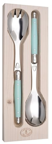 Jean Dubost Salad Servers, Turquoise Handles - Rust-Resistant Stainless Steel - Includes Wooden Tray - Made in France
