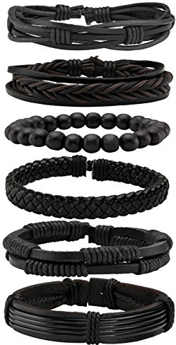 MILAKOO 6 pezzi Bracciali in pelle intrecciata nera per bracciali da uomo e da donna