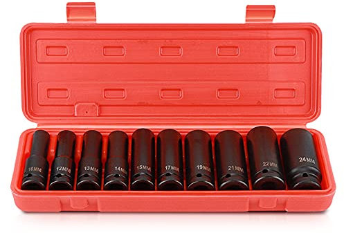 Juego de 10 herramientas de impacto profundo de 1/2 pulgada, Juego de tuercas para llaves de impacto Juego de llaves de vaso de impacto adaptador de cabeza de 6 puntos, herramienta de reparación
