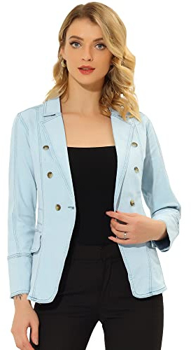 Allegra K Chaqueta de mezclilla de oficina de trabajo de manga larga con solapa de jeans para mujer con bolsillos Azul claro XL