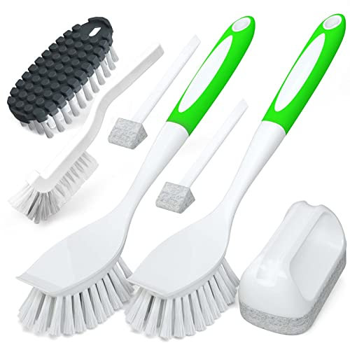 Holikme 7 Pack Küchenreinigungsbürsten-Set, Spülbürste zum Reinigen, Küchenschrubber&Biegsame Reinigungsbürste&Rillenbürste&Scheuerschwamm für Topf und Pfanne, Küchenspüle, Grün