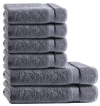 Müskaan Premium Handtuchset 6-TLG – 4 Handtücher & 2 Duschtücher aus 100% Baumwolle – Weich & saugfähig Frottee mit Aufhänger – Anthrazit