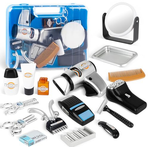 deAO Stylist Friseur Friseursalon Rollenspielset mit Haartrockner, Lockenstab und Styling-Zubehör inklusive für Kinder, Haarstyling-Set für Kinder (17stk)