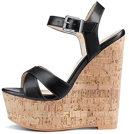 NobleOnly Escarpins Femme Cale Bout Ouvert Sandale Slingback 16CM Wedge High Heels Noir Mates Chaussures EU 38
