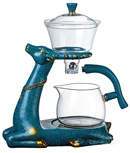 Mozeo Set da tè in vetro kungfu resistente al calore con riscaldatore, per attirare l'acqua e la deviazione dell'acqua con coperchio girevole, teiera in vetro semi-automatica con cervo (cervo blu