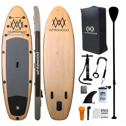 Whitewood SUP Board Stand Up Paddle Aufblasbares 10’ 305 cm Premium Design Holz iSUP, 150kg Capacity 2 Personen, mit Accessories – Backpack, Pump, Adjustable Paddle, Leash, Waterproof Case