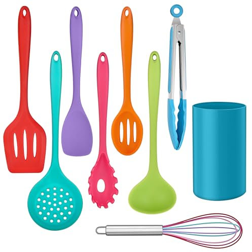 HaWare Set di utensili da cucina in silicone, 9 pezzi, utensili da cucina resistenti al calore, set da cucina antiaderente con supporto per utensili, lavabile in lavastoviglie, colorato, HW48HY