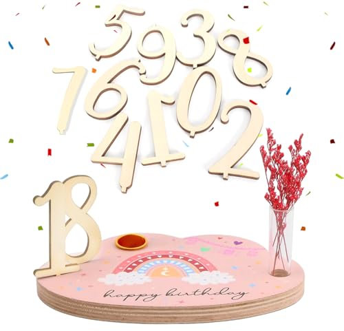 16 Stück Geburtstagsteller Holz Geburtstagsteller Personalisiert Geburtstagsteller Personalisierter Geburtstagskranz mit Kerzenhalter Vase Holzzahlen 0-9 Kann für Geburtstagsdeko Geburtstagsgeschenk