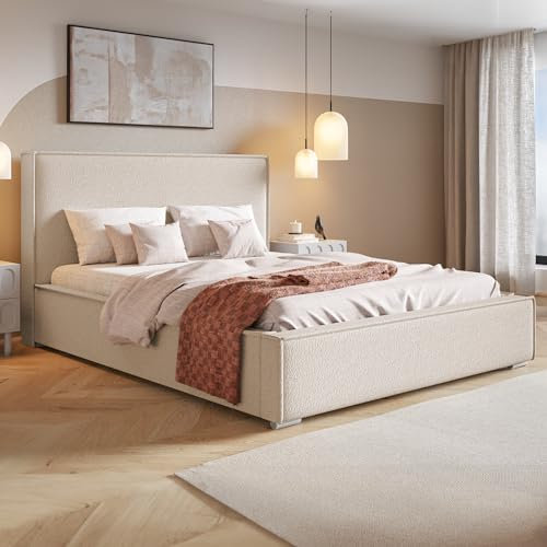 MOTIVENA Arizona Polsterbett 180x200 mit Bettkasten, mit Stauraum, mit Kopfteil, ohne Matratze, Bett Boucle, Polsterbett 180x200 Beige
