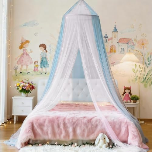Eimilaly Two-tone Bed Canopy Mosquito Net White Blue, Bed Canopy for Girls Room Decor - Insect Protection Hanging Canopy for Adults, Babies, Single Door