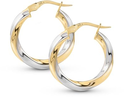 Amberta Zweifarbig Creolen Ohrringe Damen | Weiss und Gelbgold | Gedrehte Ohrringe: Echt Gold Creolen 15 mm