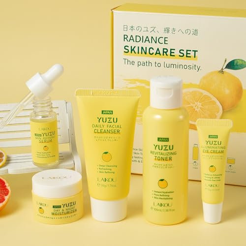 LAIKOU Pompelmo Set per la Cura Della Pelle, 5 Pezzi Kit Skin Care Adolescenti, con Detergente Viso, Tonico Idratante, Essenza, Crema, Kit Skincare Viso Completo Pelle Mista