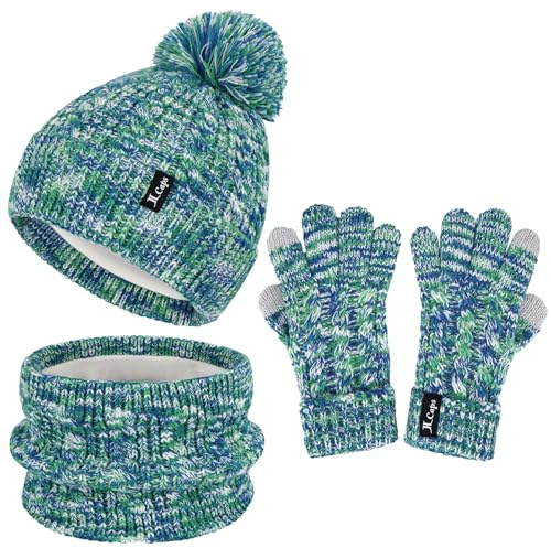 ZASFOU Cappello Invernale Sciarpa Guanti Touch Screen Set per Bambini 3-6-12 Anni Berretto Cappelli in Maglia con Pompon Scaldacollo Guanto Regali per Ragazze Ragazzo