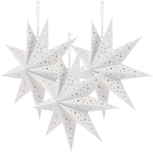 3pcs 3D Christmas Star, 9 Pointed Hanging Paper Star Lantern Lampshade White Hollow Star Lantern for Christmas Wedding Party