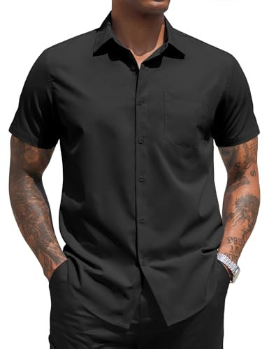 COOFANDY Herren Hemd Kurzarm Freizeithemd Businesshemden Kurzarmhemden Formelle Hemden Männer Klassisch Regular Fit Hemden Einfarbig Anzughemd mit Brusttasche Schwarz XL