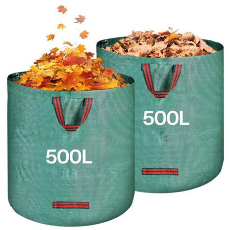 QOEOTUY Gartensack 2X 500L - Laubsack Gartenabfallsack mit 4 Griffe - Wasserdicht & Faltbar & Wiederverwendbare - Grünschnittsäcke Selbststehend für Gartenabfälle Rasenschnitt Unkraut
