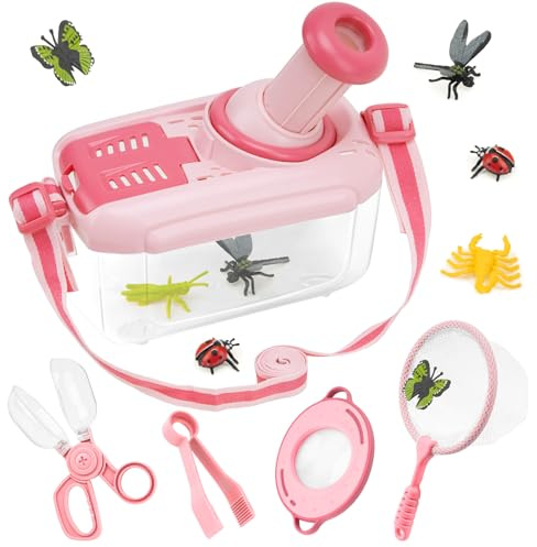 Funsland Kit Explorador Niños, 5 Piezas Juego de Caza de Insectos, Lupa, con 12 Insectos Falsos, Aire Libre Aventura Juguetes, Juguetes Educativos Navideños Regalos para Niñas 3 4 5 6 Años, Rosa