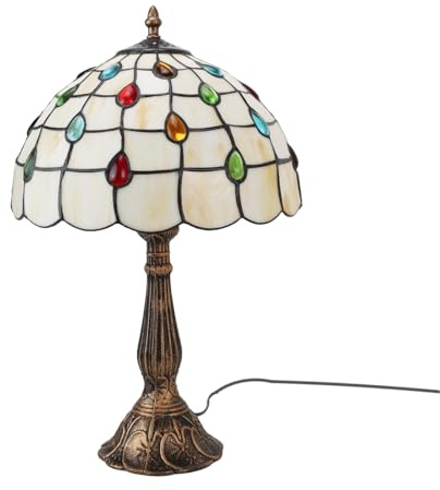 Alpinaluz Lampada da Tavolo Stile Tiffany Vintage per Dormitorio e Cabecera con Paralume Artigianale in Vetro Bianco e Base Metallica in Ottone Bronzo, Attacco E27, Uso Interno, Senza Lampadina