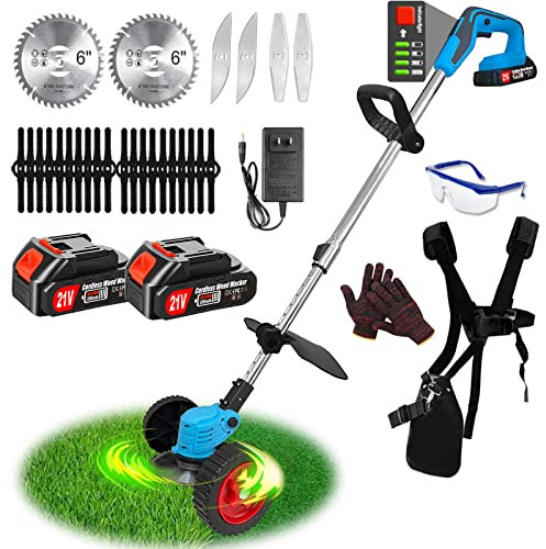 Débroussailleuse Electrique sans Fil 21V 2.0Ah Coupe Bordure avec 2 Batterie et Chargeur de Coupe Bordure avec et Roues Amovibles,Légères et à Faible Bruit,pour Jardin, Pelouse, Ferme