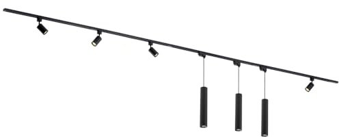 Qub Focus III - Sistema de rieles LED de 1 fase, juego completo, 400 cm, juego de 4 focos y 3 lámparas colgantes, 4 rieles de 1 m, forma de I, compatible con GU10 y LED, ampliable y flexible, color