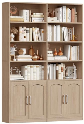 FirFurd Bücherregal Bücherschrank mit Türen Regal 12 Fächern Vitrinenschrank Standregal Hochschrank für Wohnzimmer Büro Küche 115 x 27 x 185,5 cm Eiche
