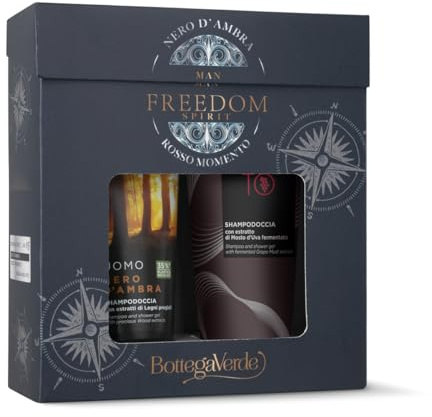 Bottega Verde - Cofanetto Regalo Uomo, con Nero d’Ambra Shampoo Doccia 200 ml e Rosso Momento Shampodoccia 200 ml, Profumo Legni Pregiati e Uva, Idea Regalo per Lui