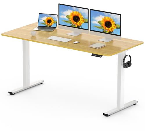 FLEXISPOT 160 x 80cm Electric Standing Desk ONE PIECE Height Adjustable Desk Sit Stand Desk with 4 Memory Smart Panel and Backpack Hook for Home Office, (White Frame+Maple Desktop)