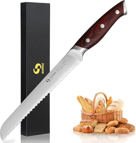 SANHUI Professional Bread Knife 8 Inch - High Carbon Serrated Bread Knife with Natural Pakkawood Handle, Ergonomic Design for Effortless Slicing of Homemade Bread, Cakes, Crusty Loaves & Pastries