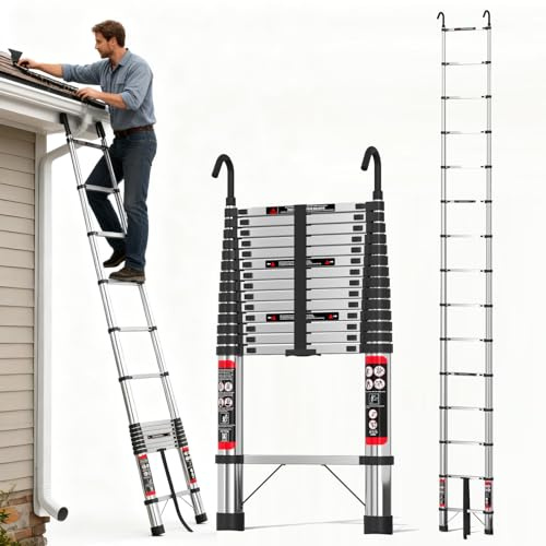 Scala Telescopica 5 Metri con Gancio, Scala Pieghevole Portatile con Piedini Antiscivolo, Estensibile & Altezza Regolabili, Scale Allungabile per Casa, Giardino, Coperture e Camper