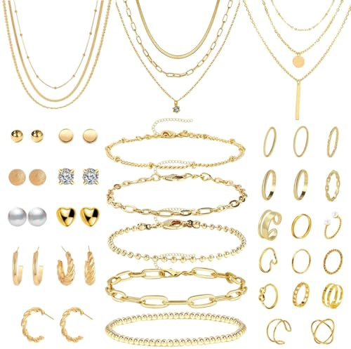 DAVBNM 40Pcs Gold Jewelry Sets Rings Bracelets for Women Layered Necklace Chunky Knuckle Rings, Women's Jewellery Set, Fashion Necklace Stack Waterproof Gold Jewellery Set for Women