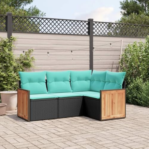 Owoxanthellate Juego de 4 sofás de jardín para exteriores, color negro, polirratán, 62 x 62 x 69 cm, con cojín azul, banco de esquina modular para balcón, terraza, jardín de invierno