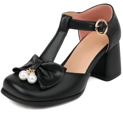 Generico Donna T-Strap Mary Jane Pumps Fiocco Perla Decor Tacco Blocco Grosso Punta Tonda Fibbia Caviglia Dolce Lolita Stile Elegante Scarpe,Nero,37 EU
