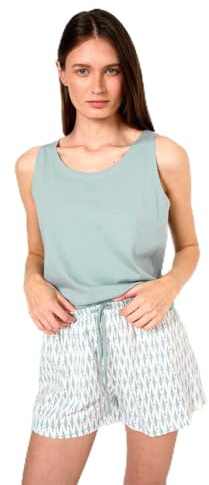 TRAMAS+ Pijama Mujer Verano de Algodón, Conjunto Camiseta Tirantes y Pantalón Corto con Cintura Ajustable, Set Corto de Algodón Estampado, Cómodo, Fresco y Elegante - L, Noruega, Azul